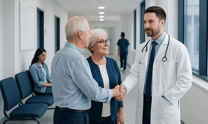 How to Choose a Gastroenterologist: Questions to Ask Before You Book 2 Doctor shaking hands with elderly couple in hospital corridor.