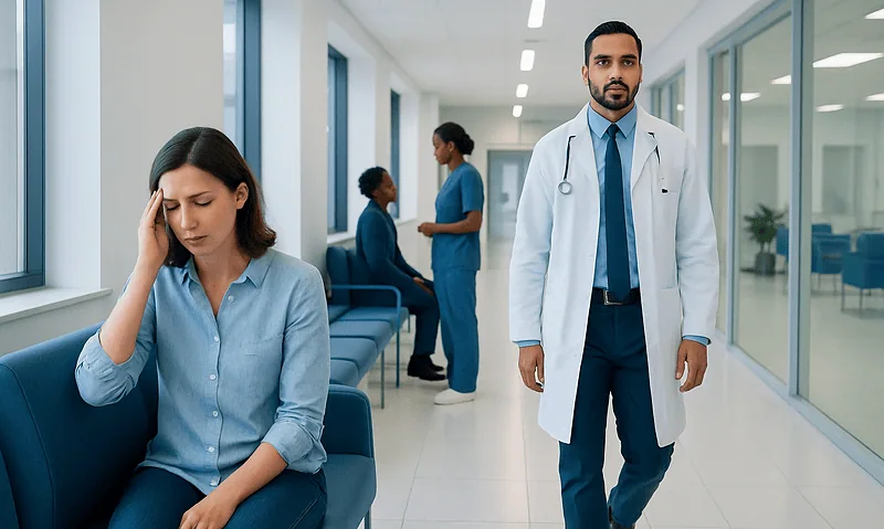 Patient experiencing headache in hospital waiting area with medical staff nearby.