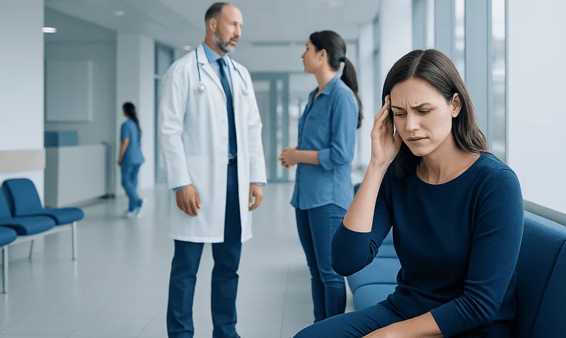 Woman with headache consulting doctors at hospital.