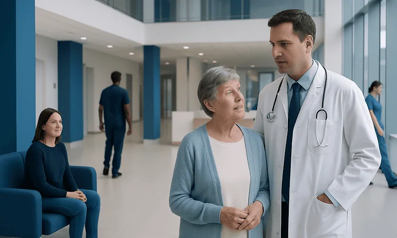 Doctor consulting an elderly woman in a hospital lobby.