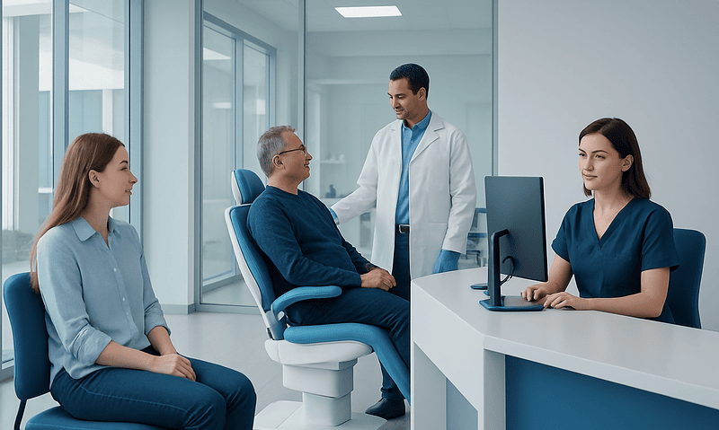 Doctor consulting with patients in a modern medical clinic.