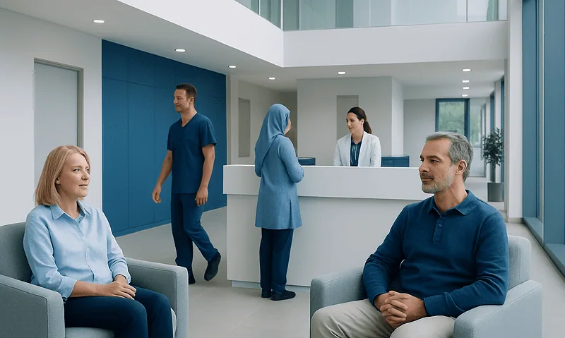 Patients and staff in a modern hospital waiting area at Acibadem Hospitals Group.