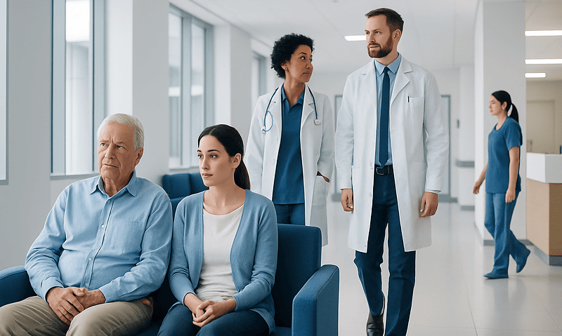 Medical consultation with elderly patient and healthcare professionals at hospital.