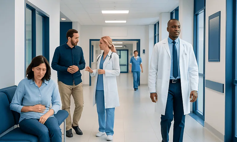 Indigestion vs Acid Reflux vs Ulcer Pain: How to Tell the Difference 12 Hospital corridor with medical staff and patients.