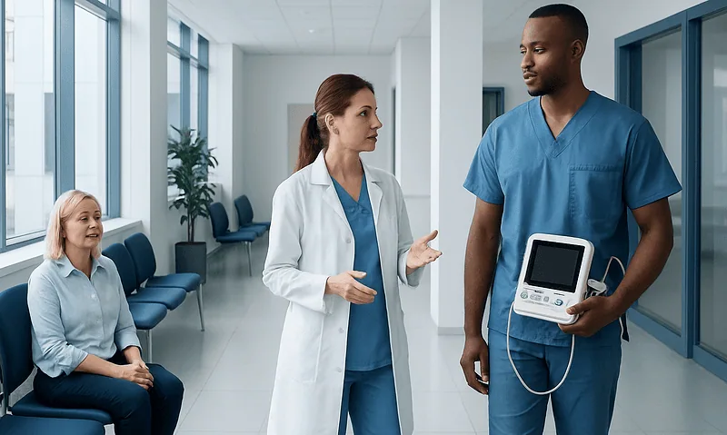 Medical professionals discussing neuromuscular testing in hospital corridor.