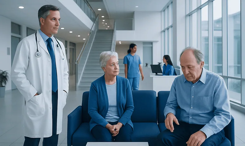 Health Library 14 Doctor consulting elderly patient in modern hospital lobby.