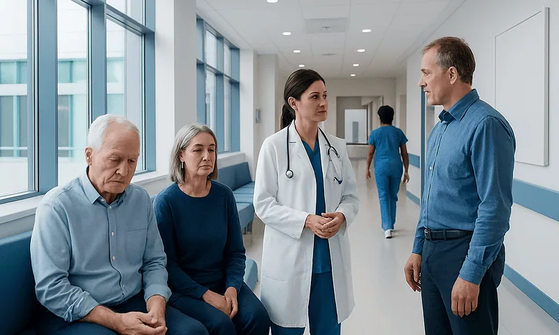 Doctor consulting elderly patients in hospital corridor.
