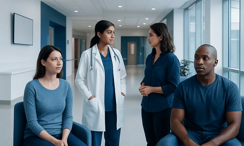 Doctor consulting with two patients in a hospital corridor.