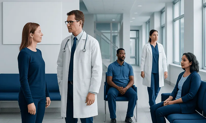 Doctor consulting with a patient in a hospital corridor.