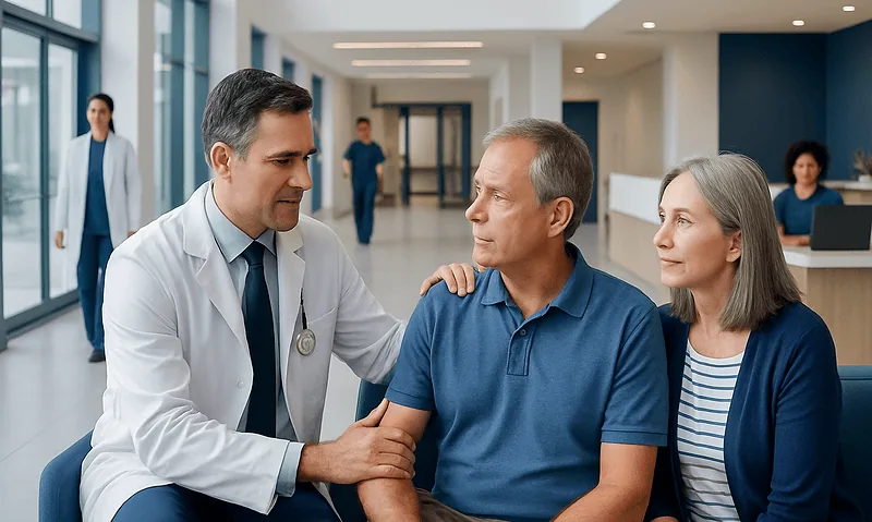 Doctor consulting with an elderly couple in a modern hospital lobby.