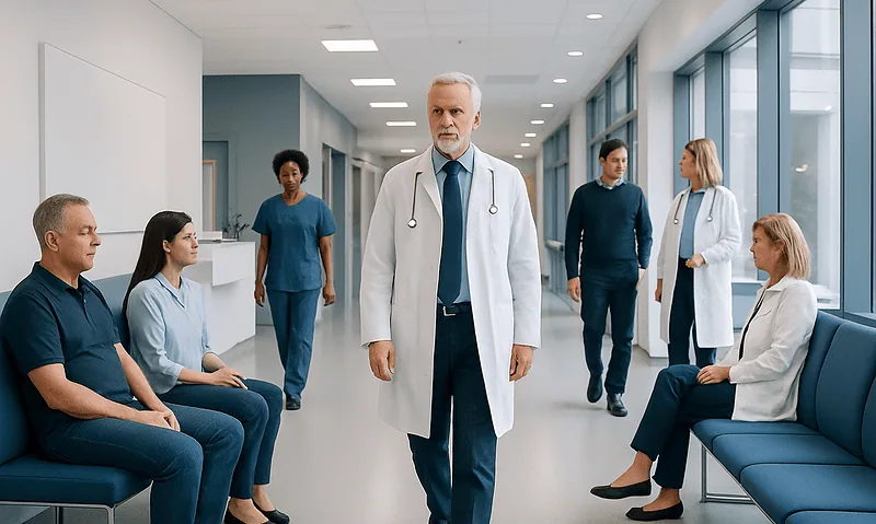 Medical team and patients in a hospital corridor.