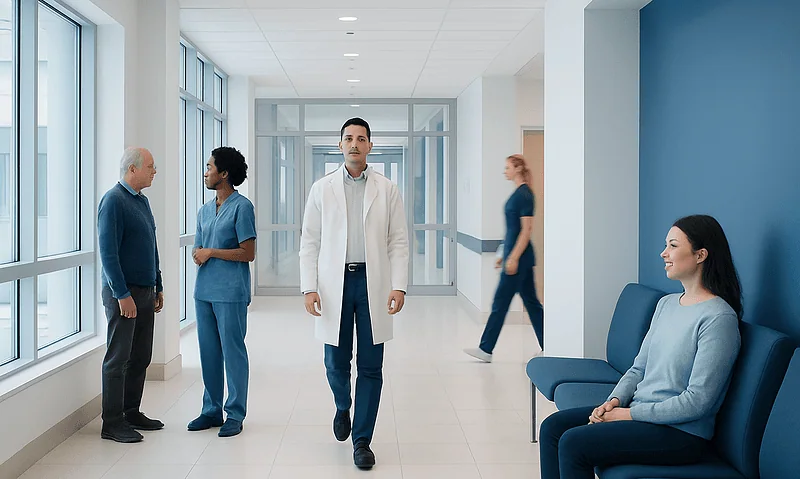Medical professionals and patient in hospital corridor at Acibadem Hospitals Group.