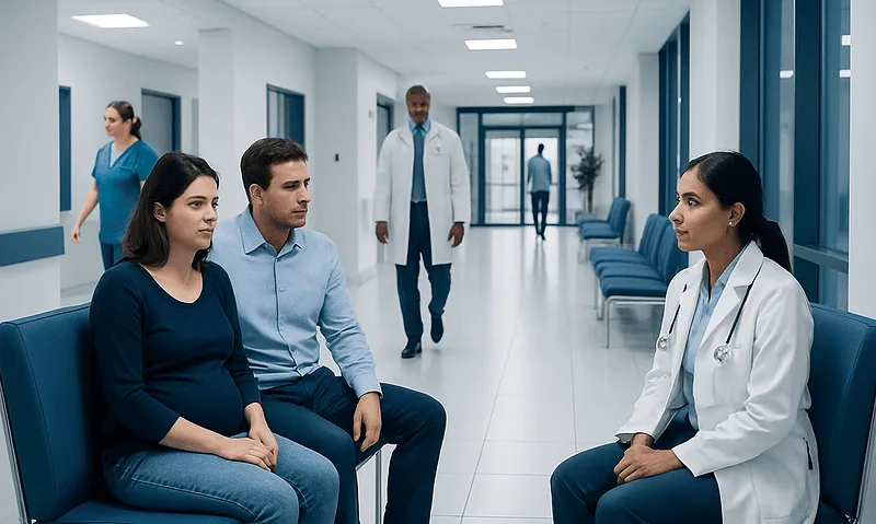 Patients consulting with a doctor in a hospital corridor.