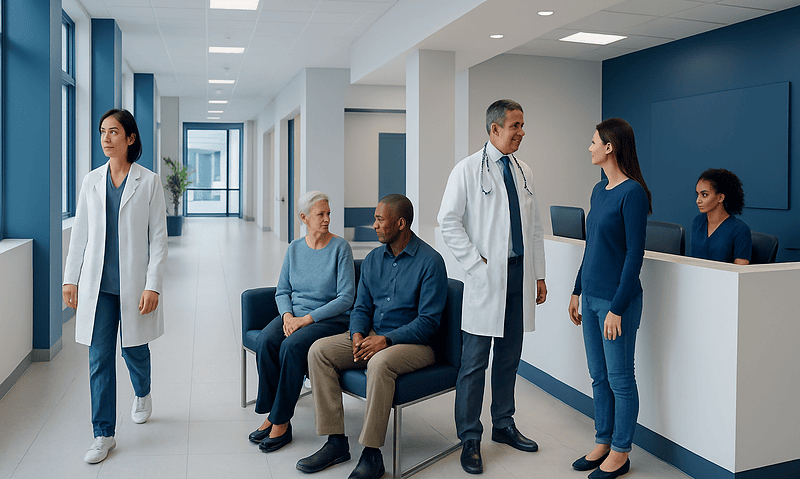 Medical staff and patients in a modern hospital corridor.