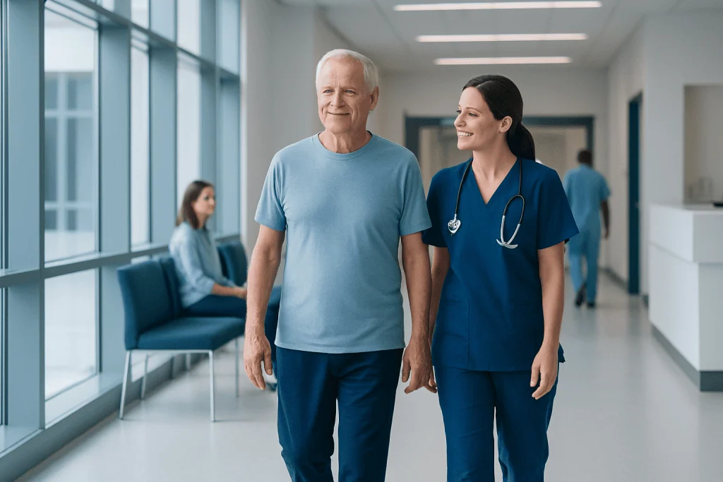 Walking After Heart Bypass Surgery: Safe Progression at Home 1 Senior man walking with nurse in hospital corridor after heart surgery.