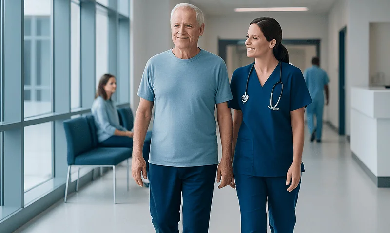 Senior man walking with nurse in hospital corridor after heart surgery.