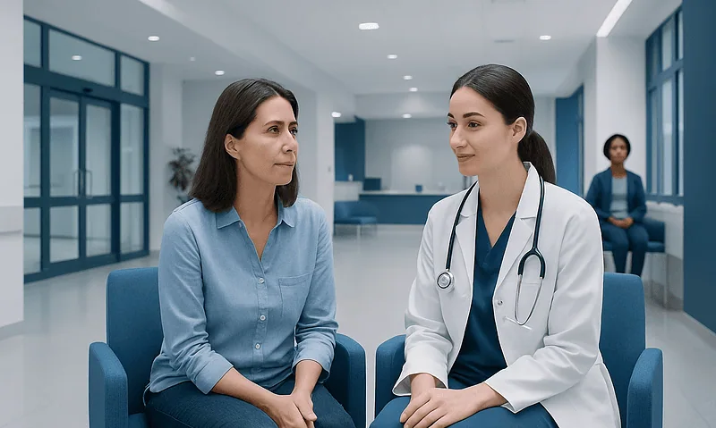 Women’s Health Checkups: What to Expect and Which Tests Matter 15 Doctor consulting with a female patient in a modern hospital lobby.