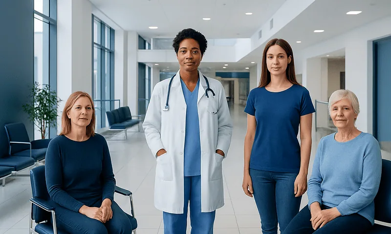 Diverse group of women and a healthcare professional in a hospital lobby.