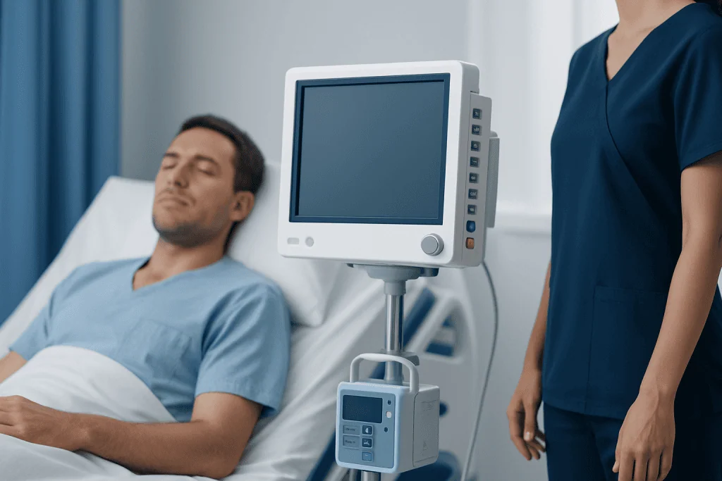 Patient resting in hospital bed with medical monitor nearby.