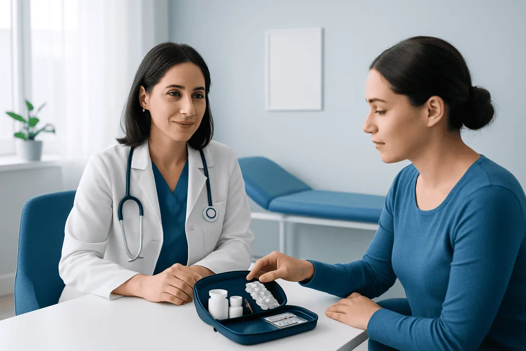 Doctor advising patient on medication in a clinic setting.