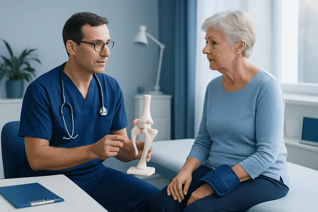 Orthopedic doctor explaining hip joint to elderly woman in consultation room.