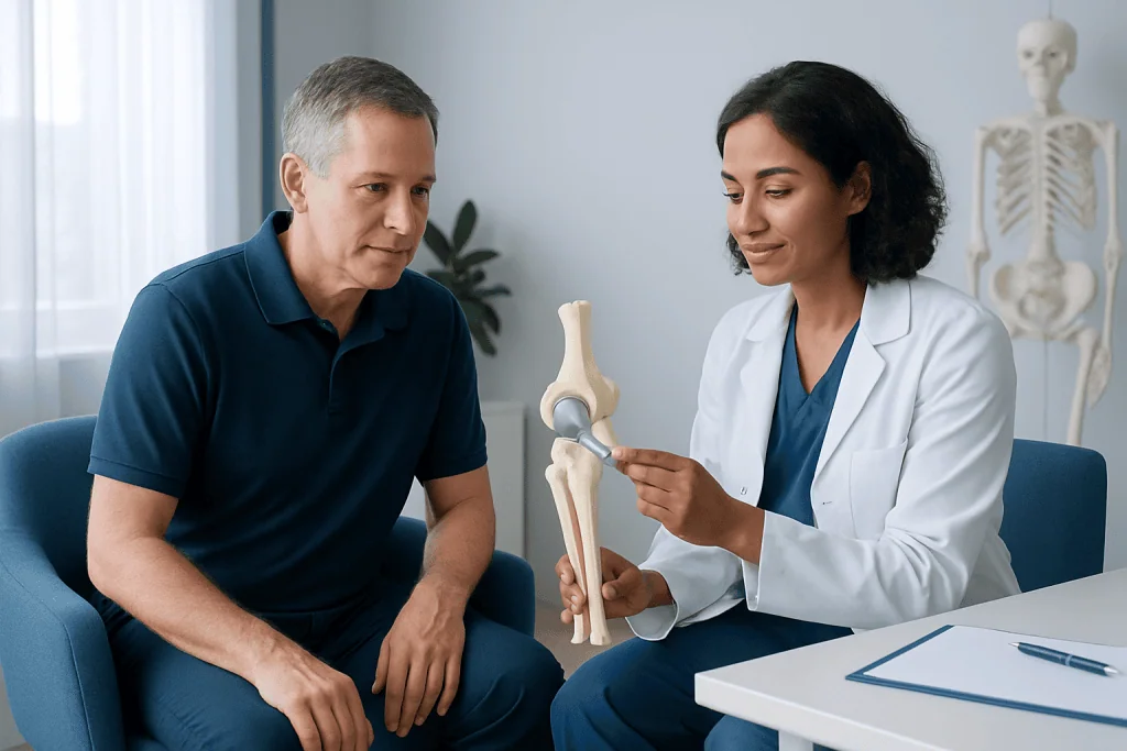 Doctor explaining knee joint model to patient in consultation room.