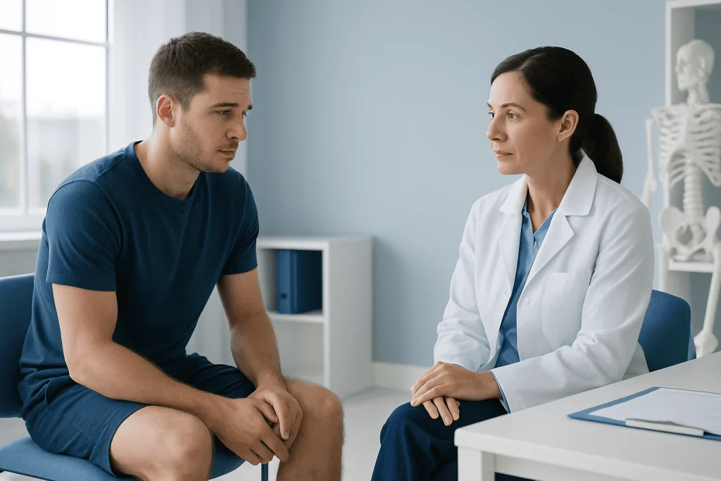 Patient consulting with doctor about orthopedic recovery in a clinic setting.