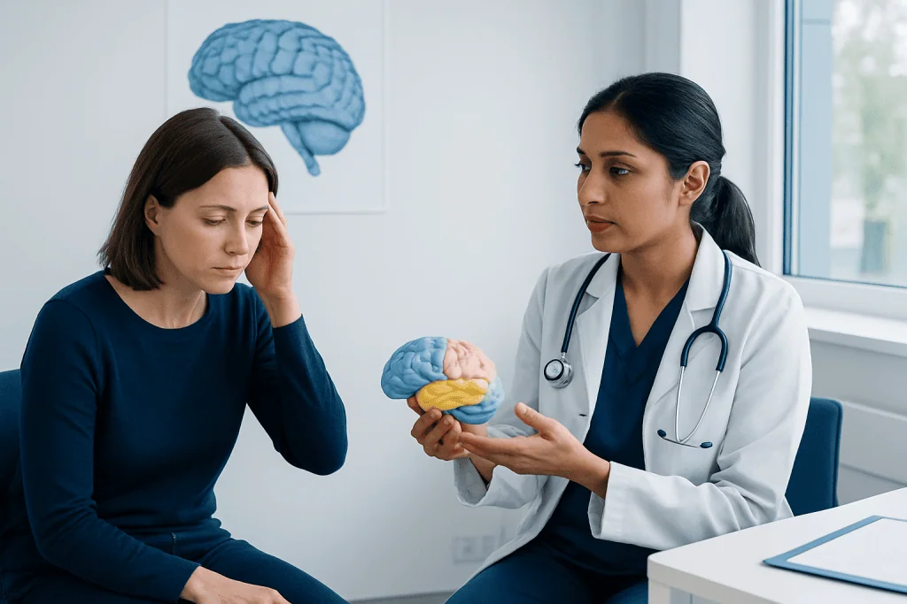 Doctor explaining brain lobes and symptoms to patient in clinic.