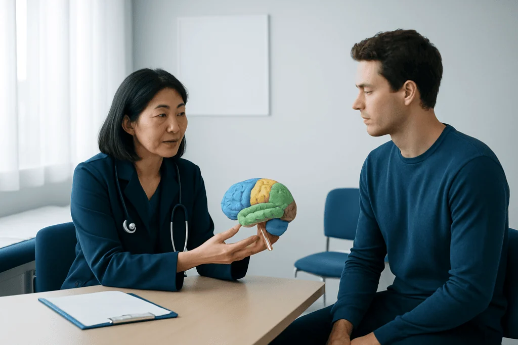 Doctor explaining brain model to patient in consultation room.