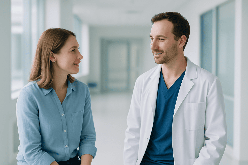 Partial Knee Replacement Surgery: The Surgical Procedure Explained 1 Doctor and patient having a friendly conversation in a hospital corridor.