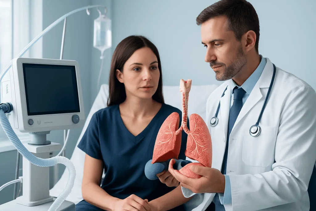 Doctor explaining lung anatomy to a patient in a hospital setting.