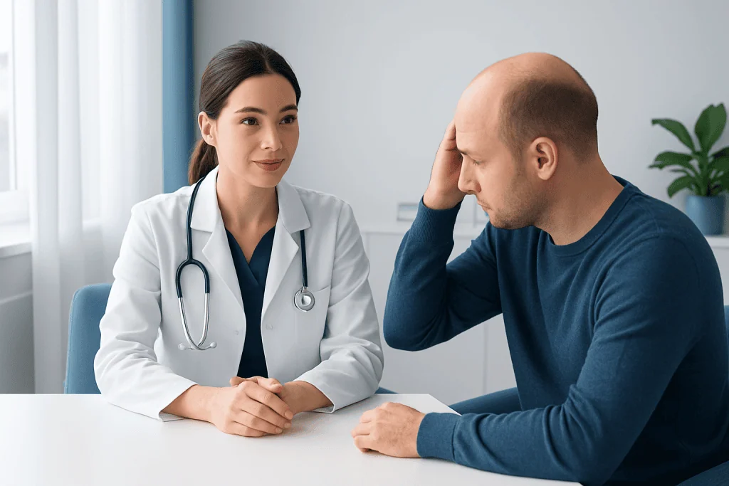 Doctor consulting with a patient about hair transplant costs and procedures.
