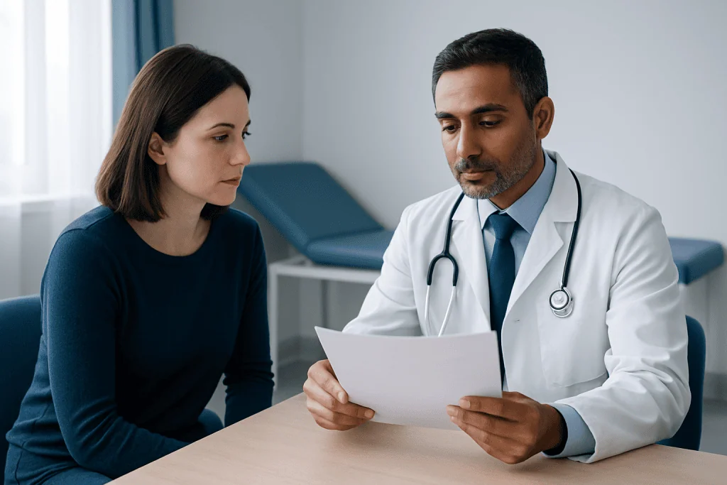 Doctor explaining treatment options to a patient in a consultation room.