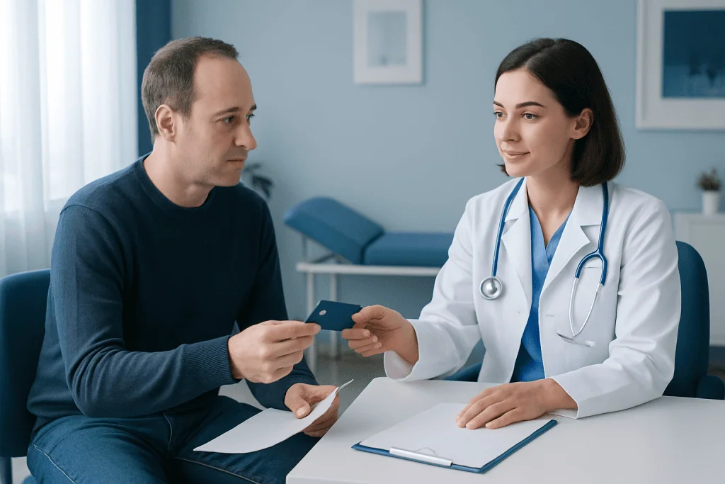 Doctor handing a card to a patient in a medical consultation room.