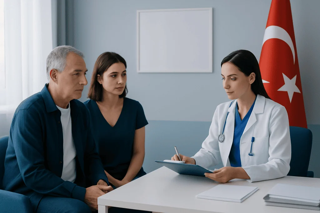 Doctor consulting with two patients at a hospital in Turkey.