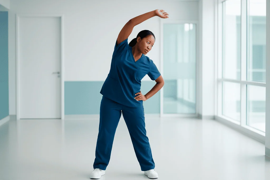 Pediatric Hemato-Oncology Treatment in Turkey: Why Choose Turkey for Pediatric Cancer Treatment? 1 Female nurse stretching in hospital corridor with large windows.