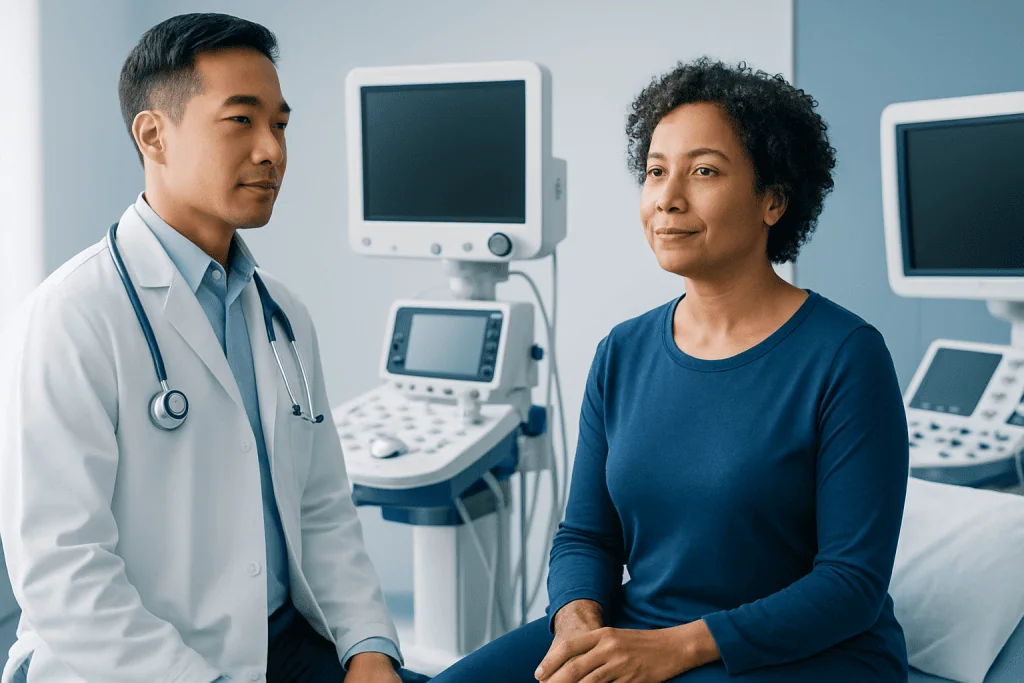 Doctor consulting a patient in a hospital room with medical equipment.