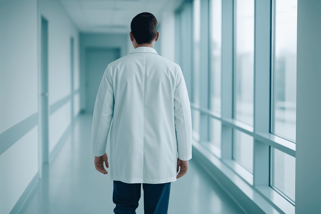 Pilonidal Sinus Surgery at Acibadem Hospital 1 Doctor walking down hospital corridor with large windows and natural light.