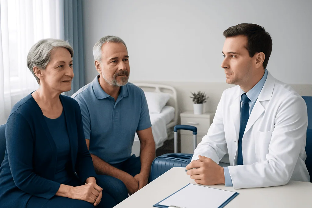 Doctor consulting with elderly couple in hospital room.