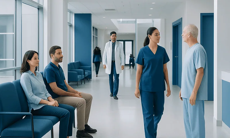 Patients and medical staff in a hospital corridor at Acibadem Hospitals Group.