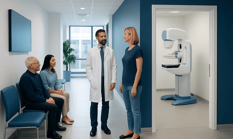 Medical consultation in a modern hospital corridor with mammography room nearby.