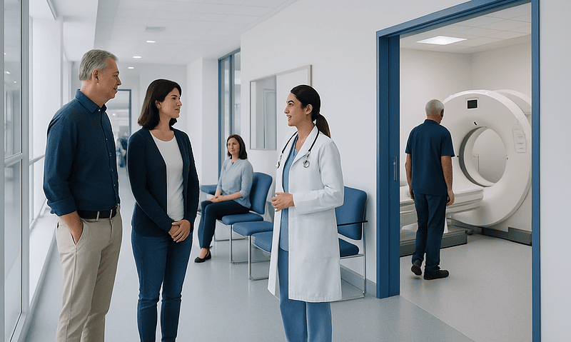Patients and doctor in hospital corridor near MRI scanner.