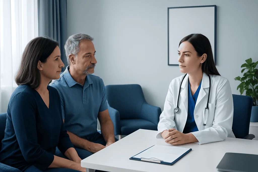 Doctor consulting with a patient and companion in a hospital setting.