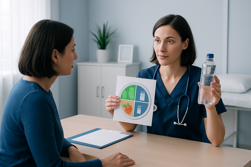 Healthcare professional discussing balanced diet with patient in clinic.