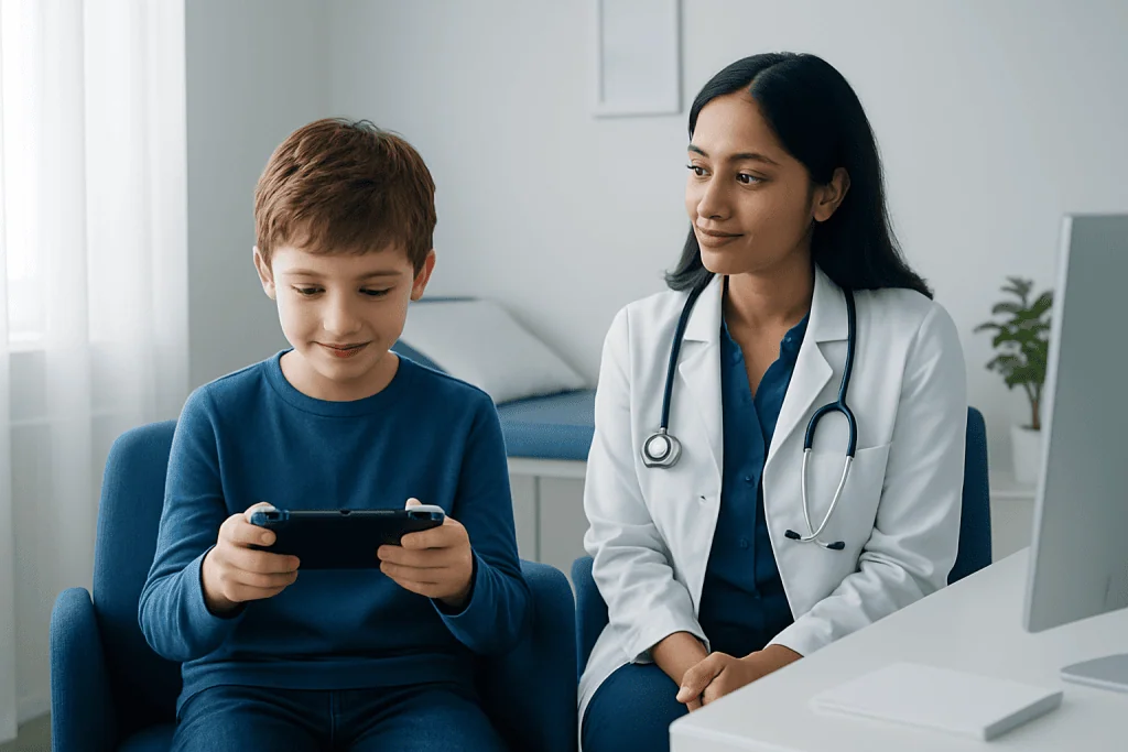 Child playing video game with doctor in a medical setting.