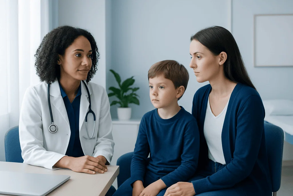 Doctor consulting with a mother and son about childhood muscle weakness.