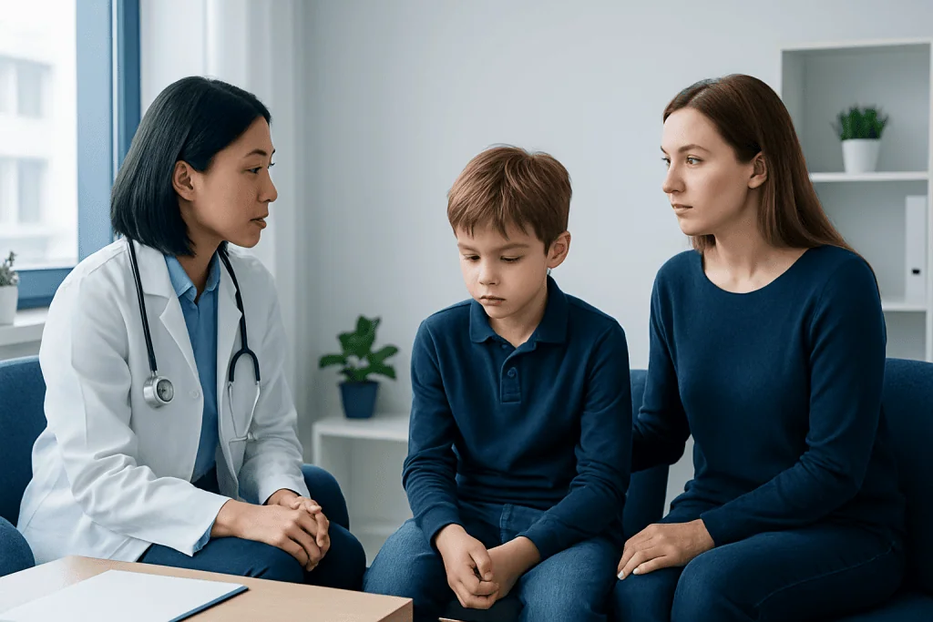 Doctor talking to a young boy and his mother in a medical consultation room.