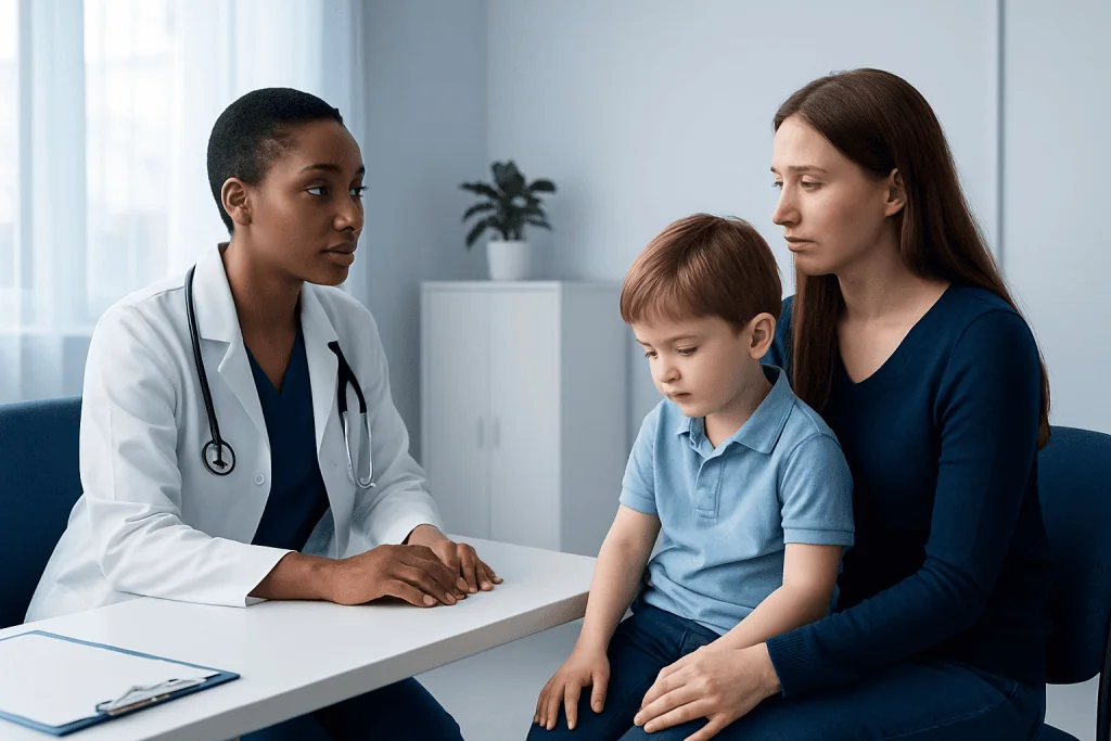 Pediatric consultation with a doctor and mother in a medical office.