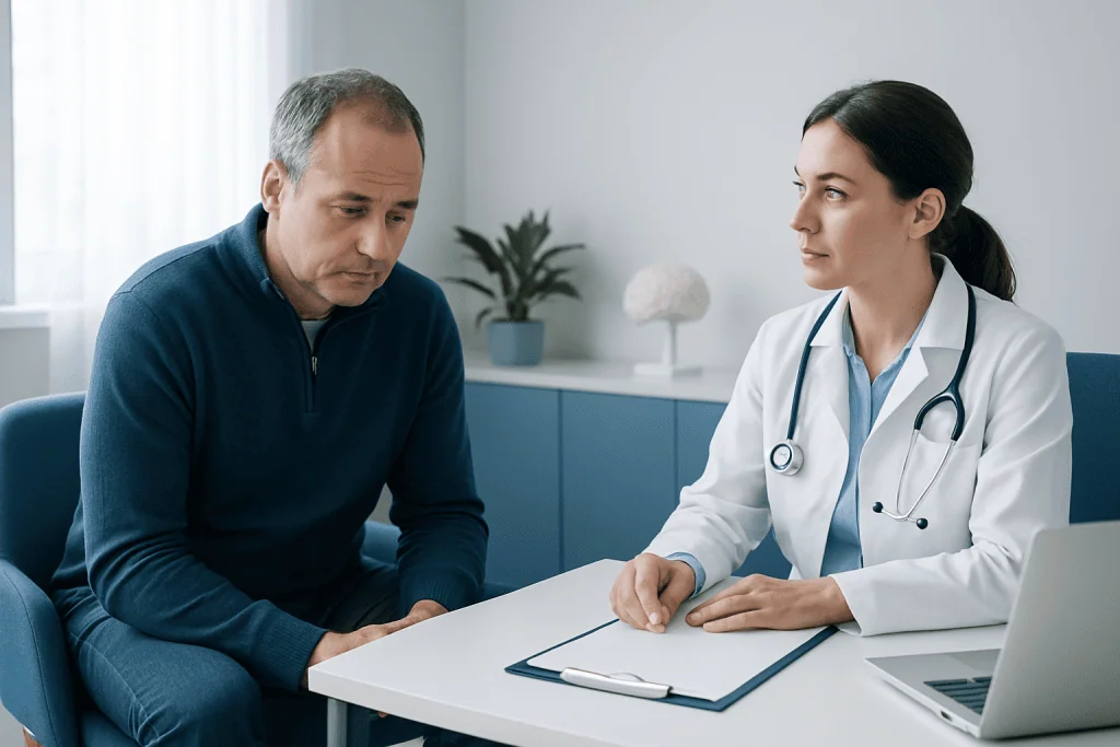 Doctor consulting with middle-aged male patient in a medical office.