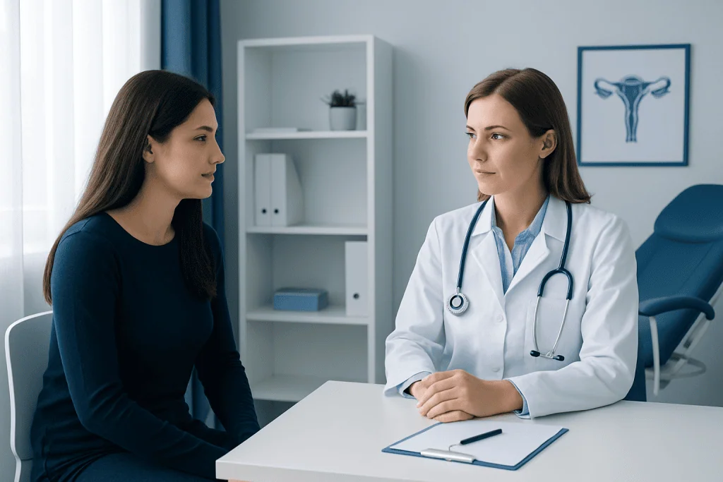 Gynecologist consulting with a patient in a medical office.
